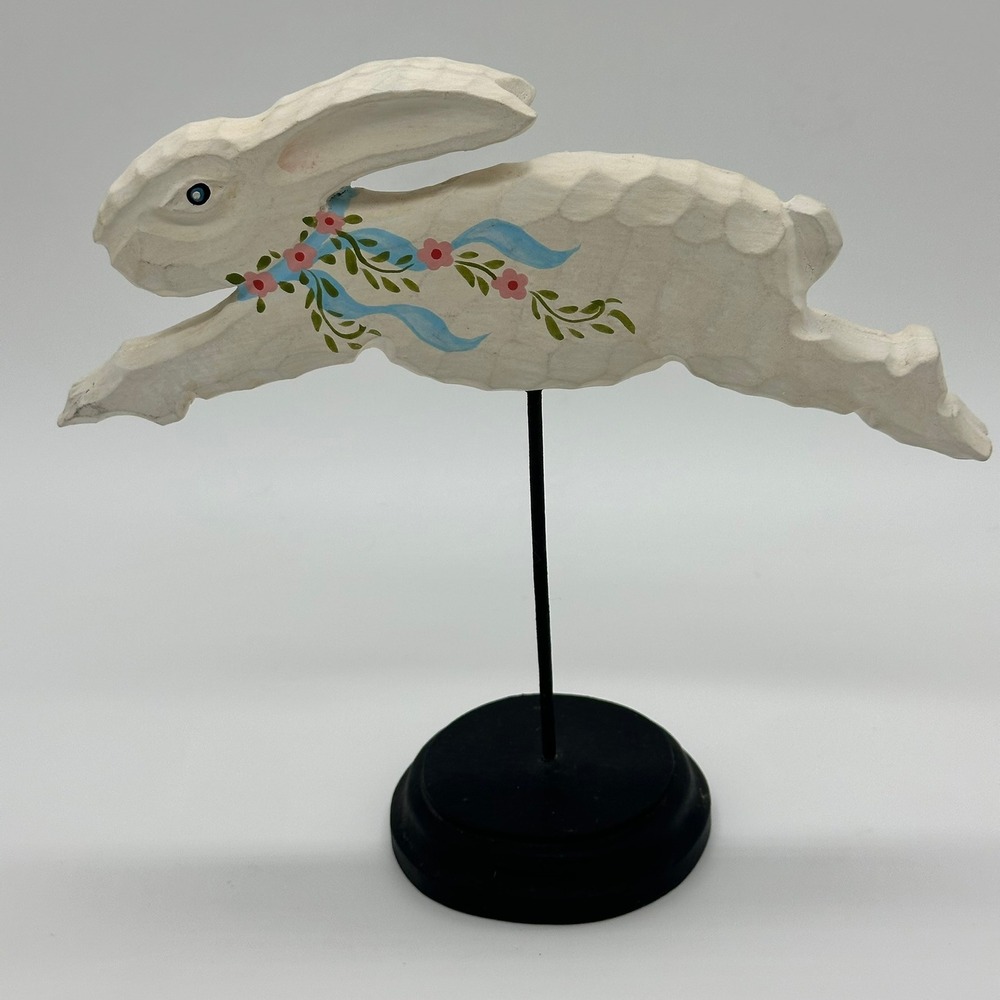 Folk Art Jumping Rabbit Figurine Floral Hand Painted Easter Spring Decor Stand - Picture 2 of 4